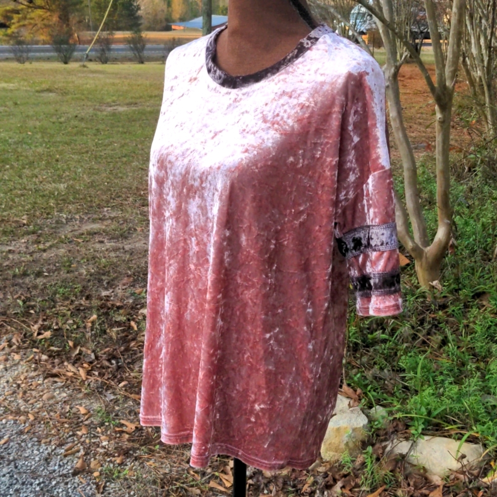 POL Pink Rose & Brown Crushed Velvet Crew Neck Short Sleeve Jersey-Style Top - Picture 4 of 13